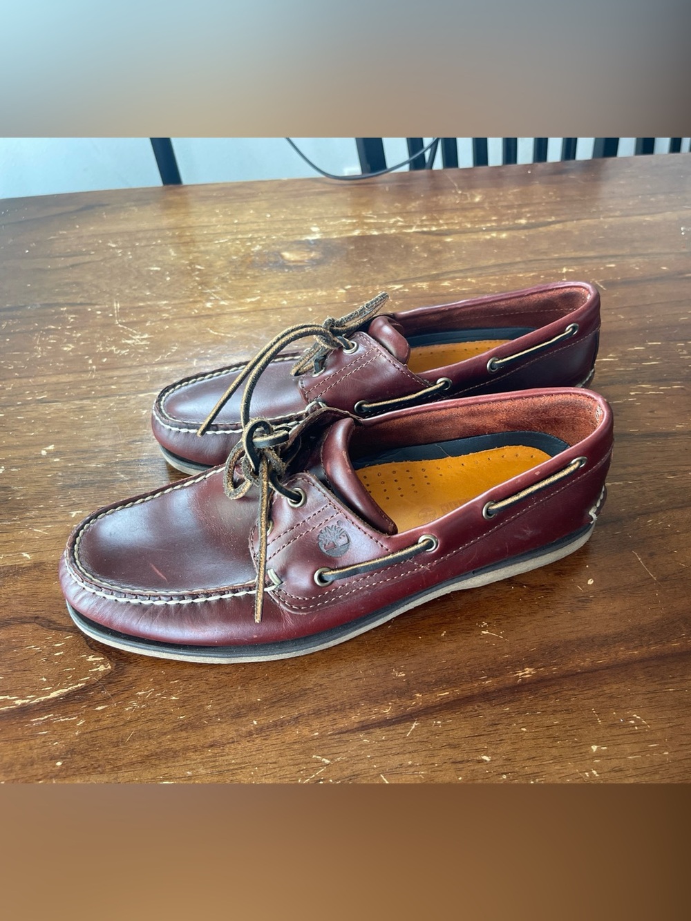 Timberland Men's Burgundy Leather Boat Shoes with Orange Insole